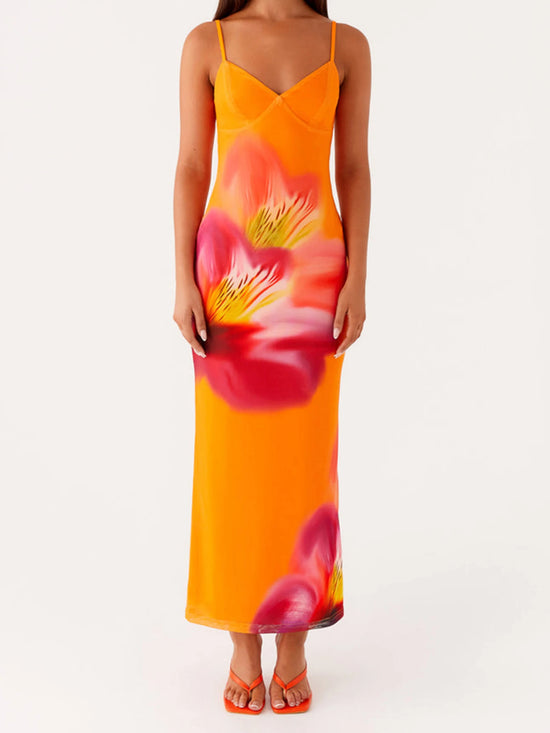 Women s Elegant Floral Print Sleeveless Maxi Dress with  Fit Spaghetti Straps for Summer Beach Party