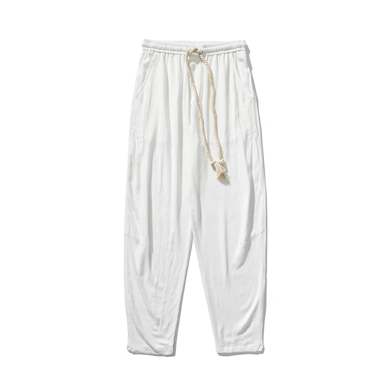 Mens Cotton Linen Pants Mens Summer Breathable Solid Color Harem Pants Male Streetwear White Trousers Men Ankle-Length Pants ShedPoundsPortal