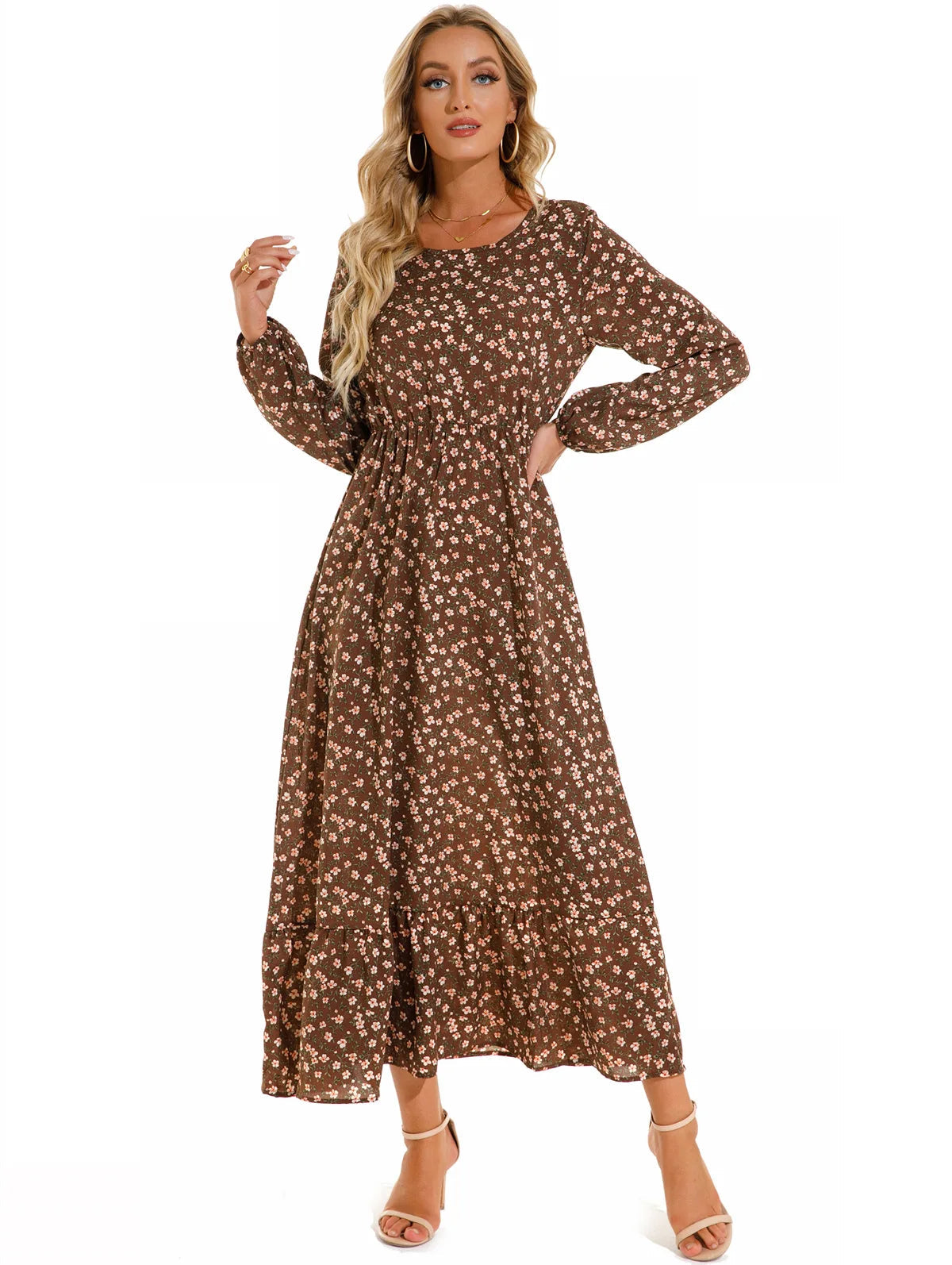 Women Eid Muslim Dresses Tight Waist O Neck Ruffles Spliced Casual Vestidos Flowers Dress Dubai Kaftan Islam Morocco Arab ShedPoundsPortal