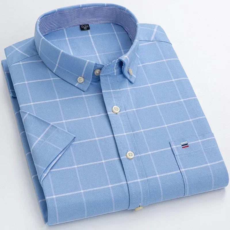 Cotton Fabric Breathable Men Oxford Short Sleeve Summer Plaid Striped Male Shirt Business Regular Fit Oversized Clothes ShedPoundsPortal