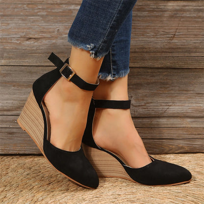 Fashion Women High Heel Sandals Closed Toe Solid Suede Pointed Wedge Heel Shoes Thick Bottom Buckle Sandals Female Footwear