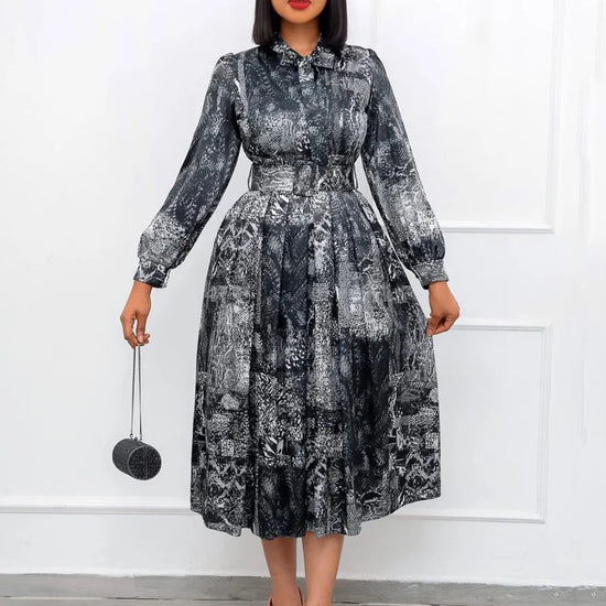 Elegant Dresses Woman 2025 Bow Collar Vintage Printed Full Sleeve A Line Mid Calf Luxury Female Birthday Party Dinner Vestidos