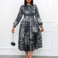 Elegant Dresses Woman 2025 Bow Collar Vintage Printed Full Sleeve A Line Mid Calf Luxury Female Birthday Party Dinner Vestidos