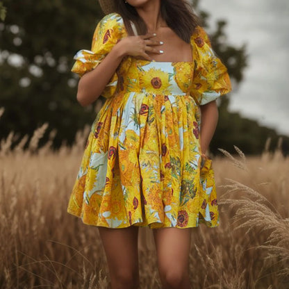 Floral Print French Puff Sleeve Dress High Waist Vintage Large Swing Dress Square Collar Dresses For Wedding Guest Vestidos