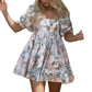 Floral Print French Puff Sleeve Dress High Waist Vintage Large Swing Dress Square Collar Dresses For Wedding Guest Vestidos