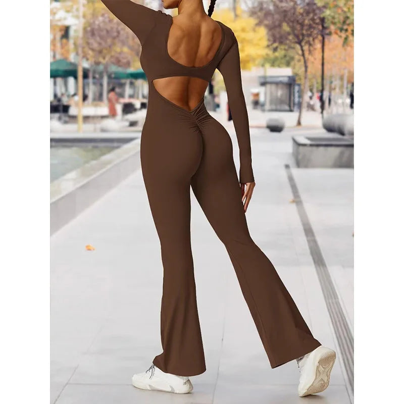 long sleeved jumpsuit U-neck tight and sexy backless jumpsuit for autumn and winter yoga sports and leisure series ShedPoundsPortal
